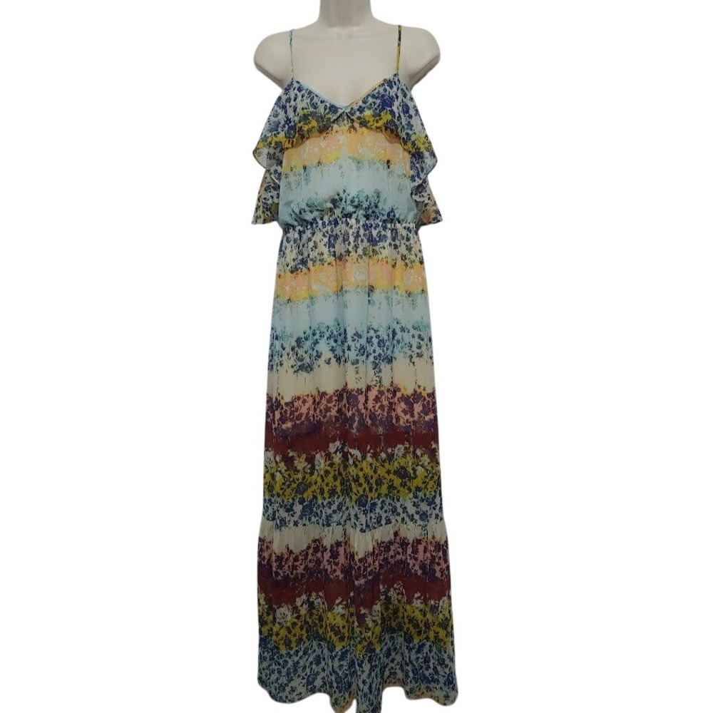 Bebe Floral Print Maxi Dress L Ruffle Tiered Spaghetti Strap V Neck Yellow Blue - Picture 2 of 13
